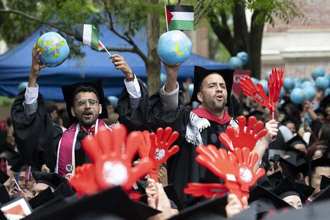 Graduates from Harvard University's the Kennedy School of Government hold up gloves and wave Palestinian flags during the 374th Harvard Commencement in Harvard Yard in Cambridge, Mass., on May 29, 2025. Photo by Rick Friedman/AFP via Getty Images.