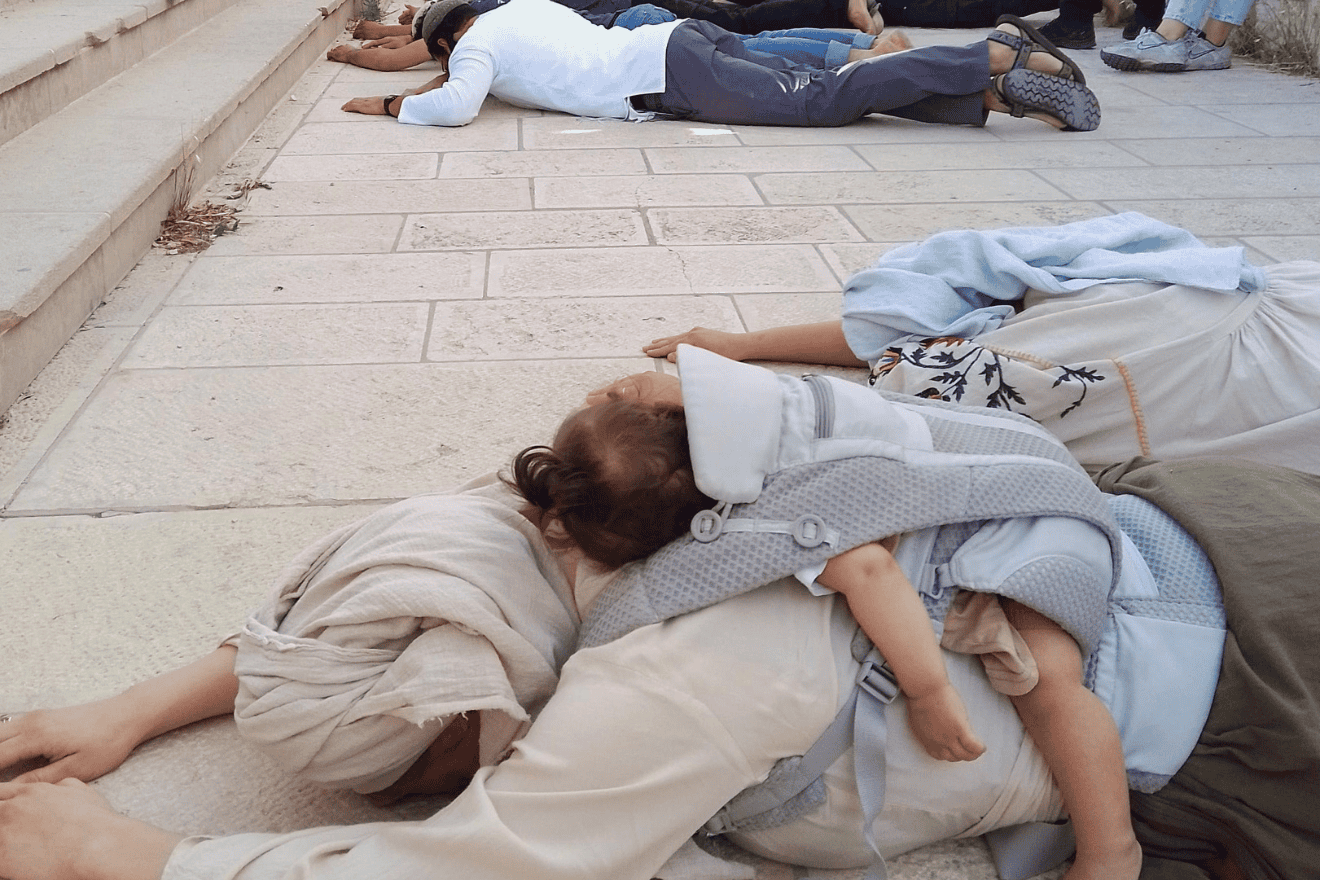Jerusalem Day, 2025. “Hishtachavaya” (full body prostration) on the Temple Mount in Jerusalem (Har Habayit). Photo courtesy of Tamar Ruchama Leal.