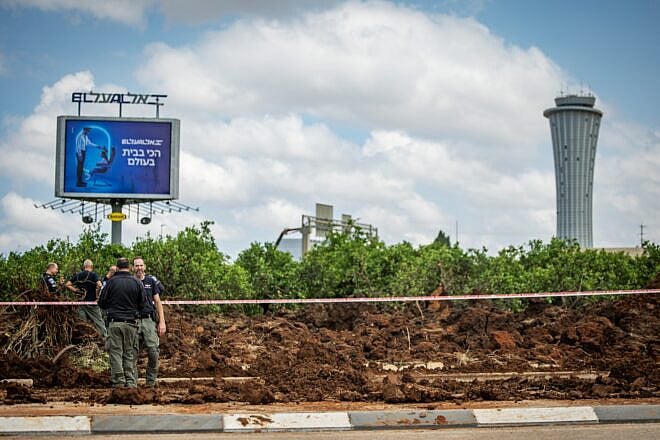Israeli security forces at the site where a missile fired from the Houthis in Yemen hit an area of Ben-Gurion International Airport, May 4, 2025. Photo by Chaim Goldberg/Flash90.