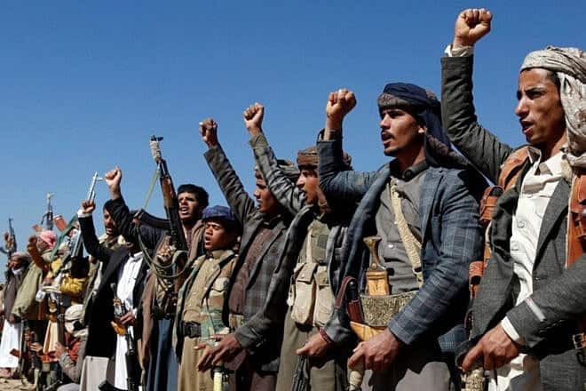 Houthi fighters rally against the United States and the United Kingdom after airstrikes in Sanaa, Yemen, Jan. 14, 2024. Credit: Voice of America via Wikimedia Commons.