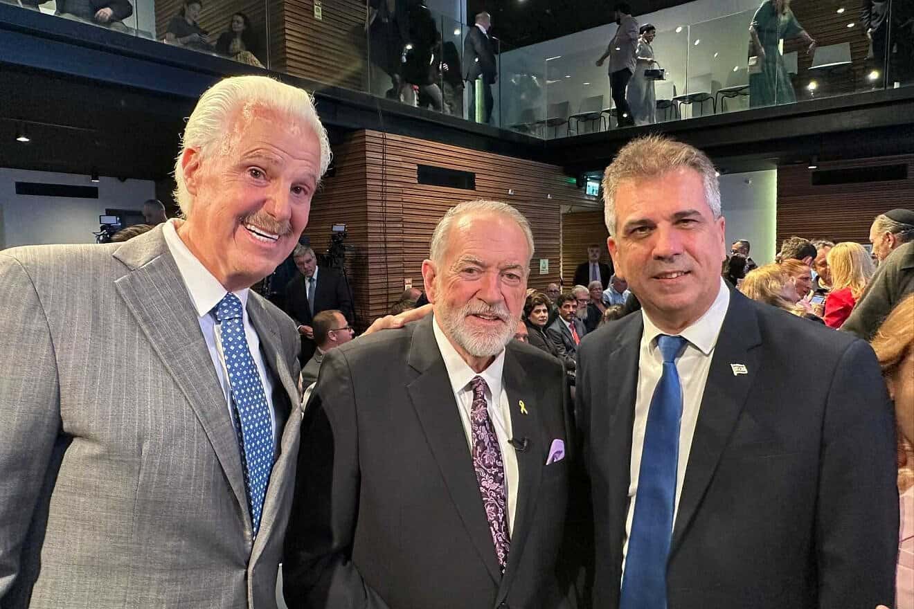 From left: Mike Evans, founder of the Friends of Zion Heritage Center, U.S. Ambassador to Israel Mike Huckabee and Israeli Energy and Infrastructure Minister Eli Cohen at the Friends of Zion Heritage Center in Jerusalem, May 6, 2025. Credit: Courtesy of the Friends of Zion Museum.