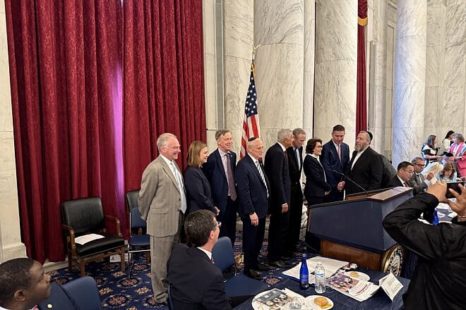 Senators met with the hosts and honoree of an event to mark Jewish American Heritage Month in the Russell Senate Office Building, May 20, 2025. Photo by Andrew Bernard.