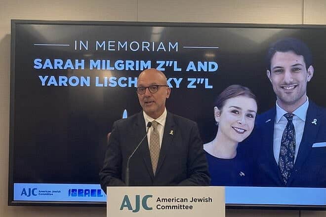 Ted Deutch, CEO of the American Jewish Committee, speaks at a vigil in memory of two slain Israeli embassy staffers, Yaron Lischinsky and Sarah Milgrim, in New York City on May 28, 2025. Credit: Courtesy of AJC.