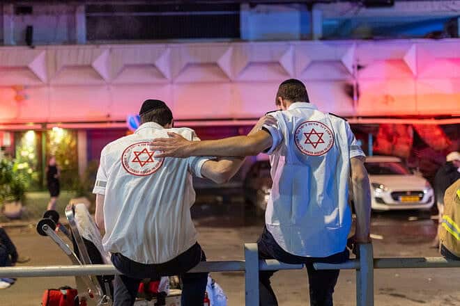 Israeli firefighters and rescue forces at the scene of a fire in a shop and nursing home in Bat Yam, a city on the Mediterranean coast south of Tel Aviv, early on May 1, 2025. Photo by Dor Pazuelo/Flash90.