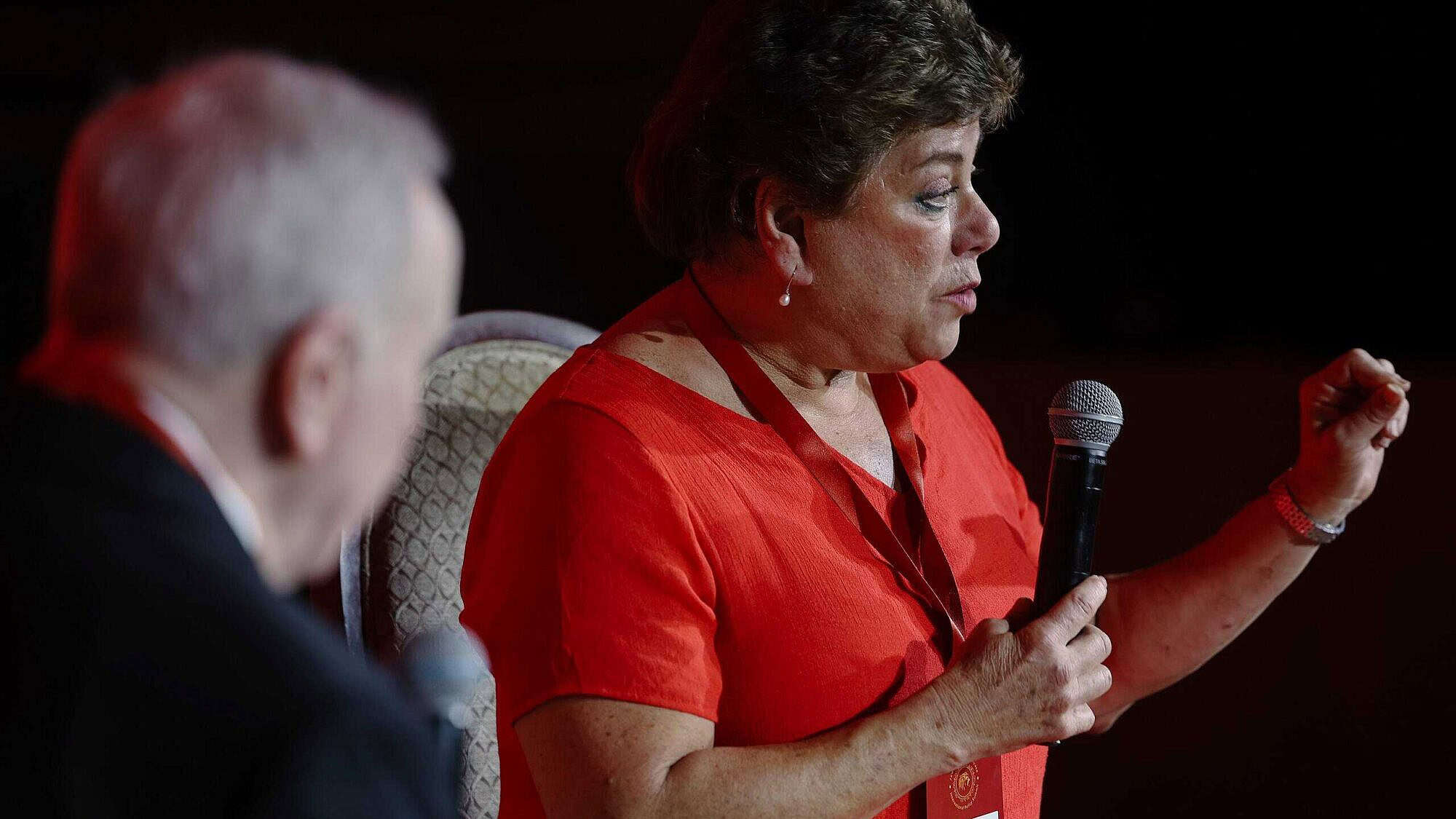 Lori Lowenthal Marcus speaks at the JNS International Policy Conference in Jerusalem, April 28, 2025. Photo by Shahar Yurman.