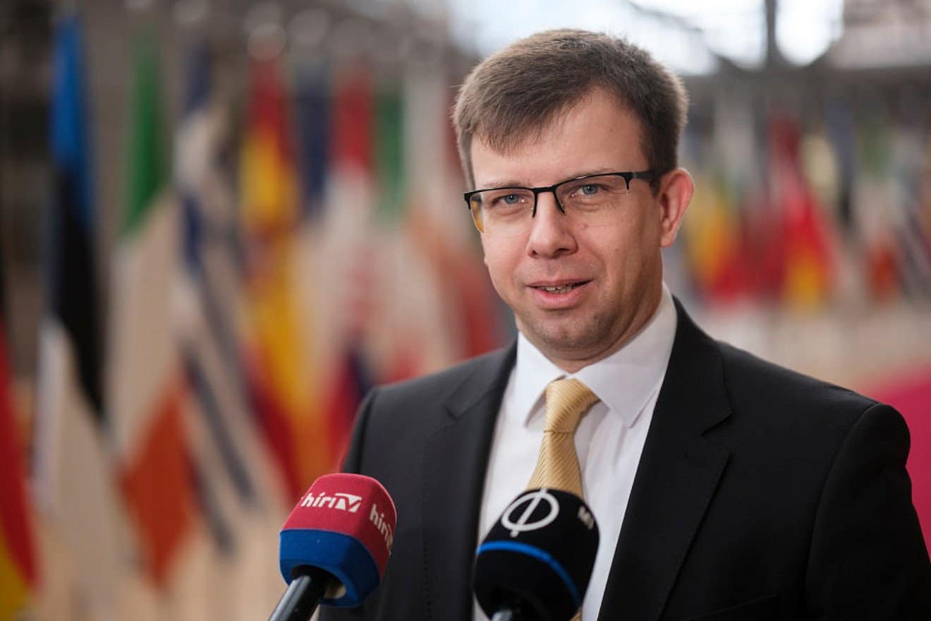 Hungarian Minister for European Union Affairs János Bóka speaks to reporters before an E.U. General Affairs Council meeting in Brussels on Feb. 25, 2025. Photo by Thierry Monasse/Getty Images.