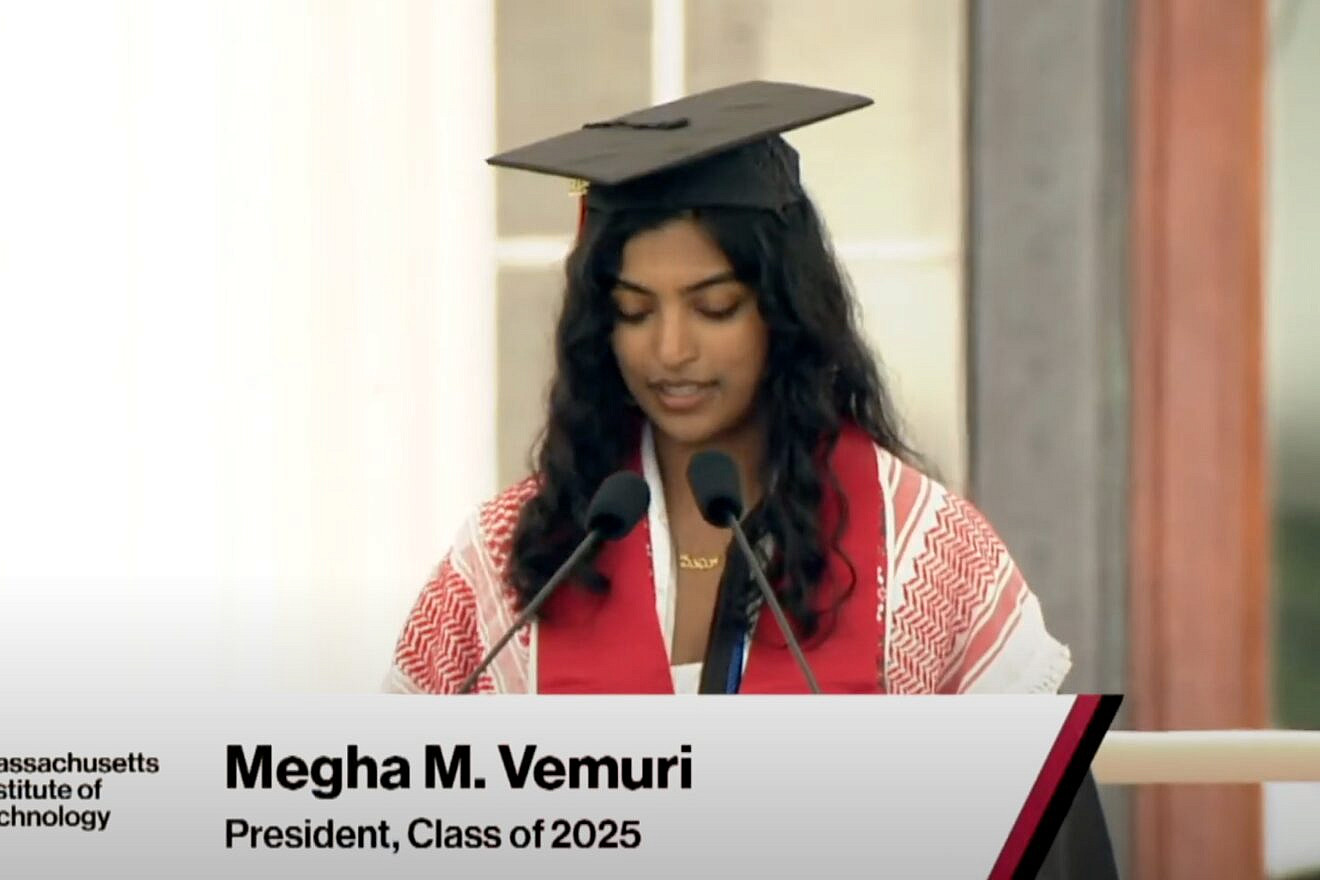 Megha Vemuri delivers an anti-Israel speech at the Massachusetts Institute of Technology commencement ceremony, May 29, 2025. Source: YouTube/MIT. Megha Vemuri delivers an anti-Israel speech at the Massachusetts Institute of Technology commencement ceremony, May 29, 2025. Source: YouTube/MIT.