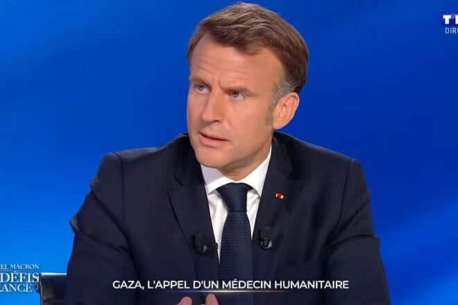 French President Emmanuel Macron interviewed on France television channel TF1, May 13, 2025. Credit: YouTube/TF1 Info.