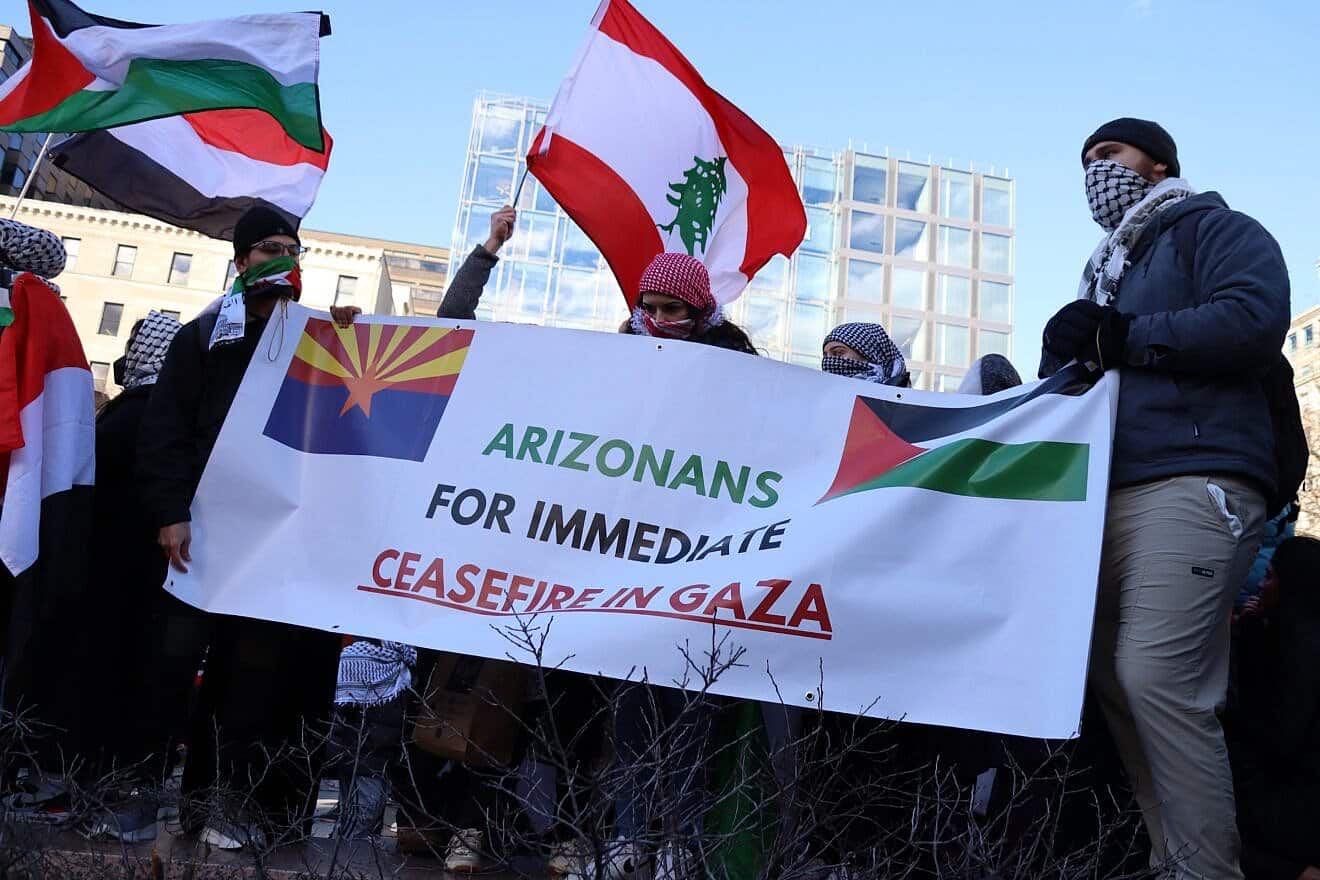 A group from Arizona takes part in a march for Gaza in Washington, D.C., Jan. 13, 2024. Credit: Elvert Barnes via Wikimedia Commons.
