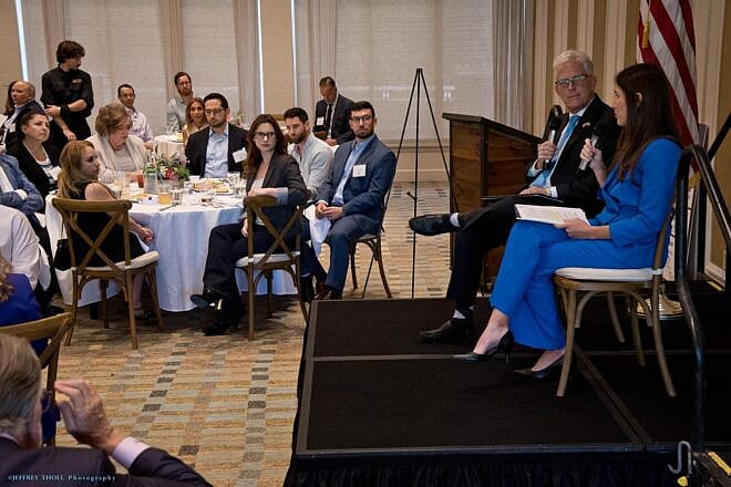 Deedee Bitran (in blue), senior counsel and director of pro bono, StandWithUs, speaks at an event hosted by the Jewish Lawyers Association of Palm Beach County, April 28, 2025. Photo by Jeff Tholl.