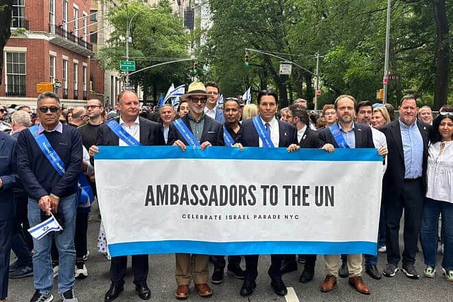 Danny Danon, Israeli ambassador to the United Nations, is joined by other U.N. envoys at the Israel Day parade on May 18, 2025. Credit: Courtesy of the Permanent Mission of Israel to the United Nations.