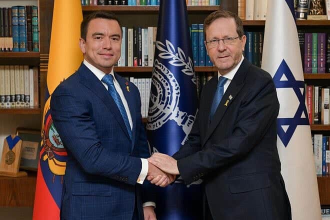 Israeli President Isaac Herzog (right) meets Ecuadorian President Daniel Noboa at the President’s Residence in Jerusalem, May 4, 2025. Photo by Ma'ayan Toaf/GPO.