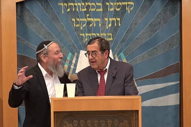 From left, Rabbi Yosef Zvi Rimon, rabbinic head of the Jerusalem College of Technology and the head of its Beit Midrash, with Zvi Ryzman. Credit: Courtesy of the Jerusalem College of Technology.