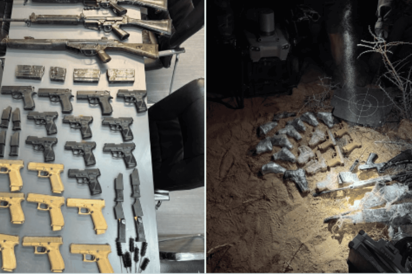 The IDF displays weapons and ammunition from a downed smuggling drone that attempted to infiltrate across the Egypt-Israel border. (Credit: Israel Defense Forces)
