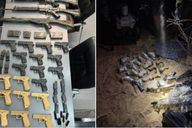 The IDF displays weapons and ammunition from a downed smuggling drone that attempted to infiltrate across the Egypt-Israel border. (Credit: Israel Defense Forces)