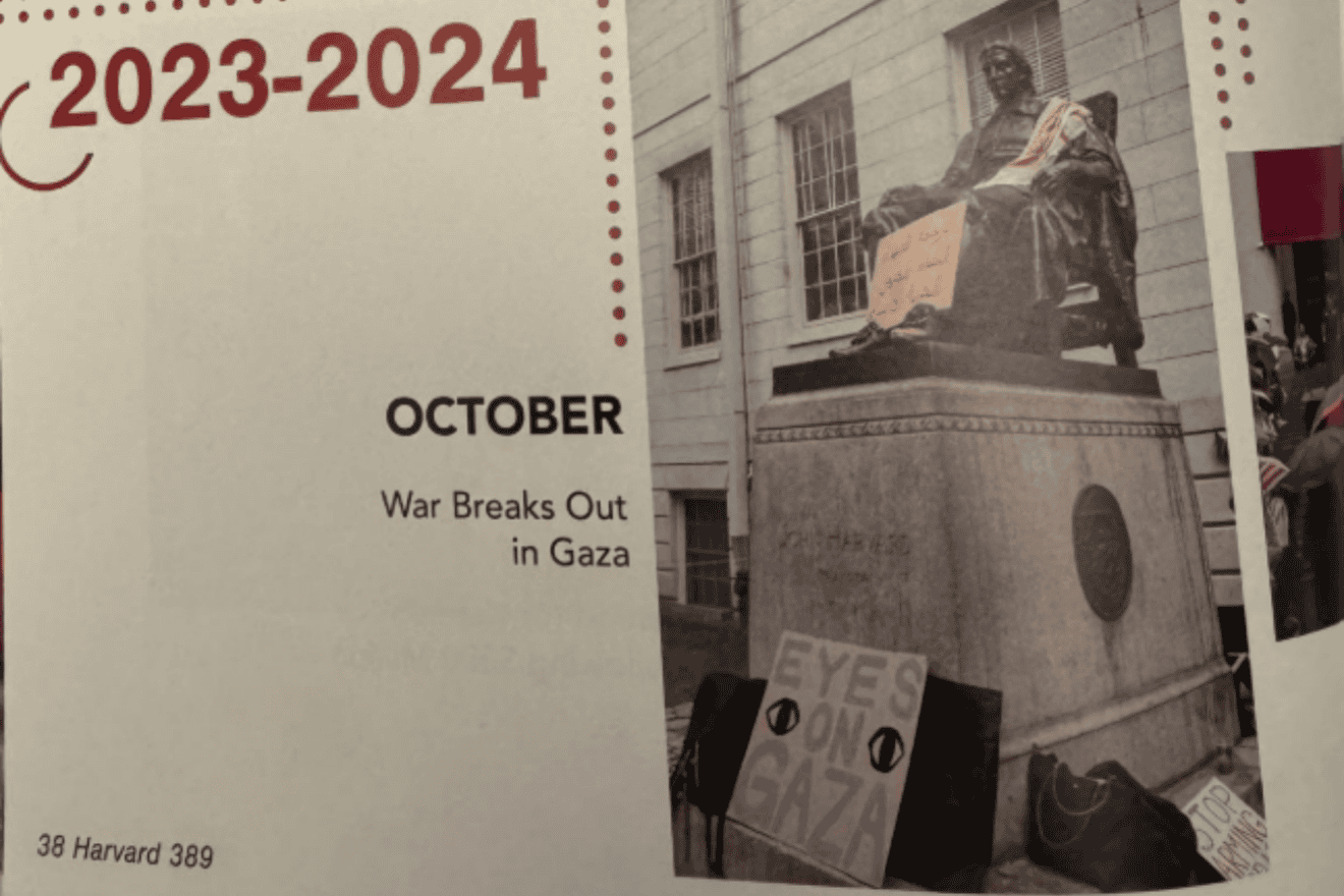 The 2025 Harvard student yearbook entry for October 2023 with no mention of the Oct. 7 Hamas massacre in southern Israel that initiated the Gaza war. Source:  @HarvardChabad/X.