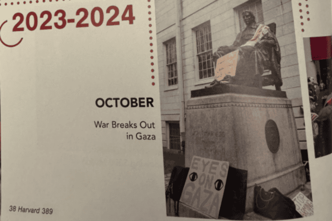 The 2025 Harvard student yearbook entry for October 2023 with no mention of the Oct. 7 Hamas massacre in southern Israel that initiated the Gaza war. Source:  @HarvardChabad/X.