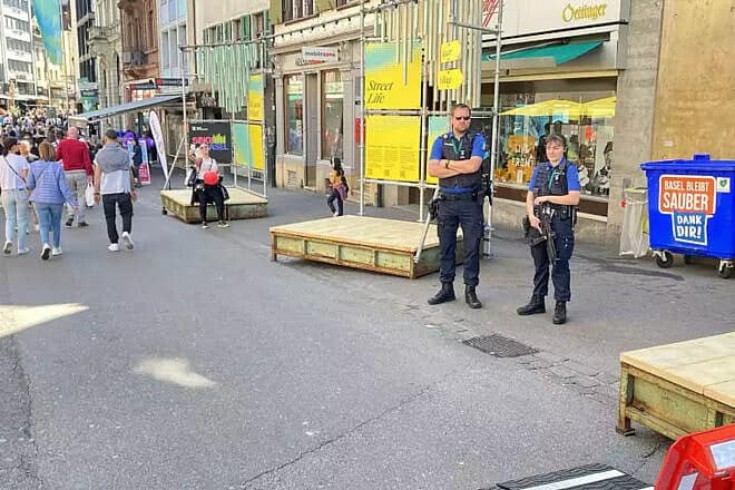 Security in Basel ahead of Eurovision, May 2025. Photo by Nathan Stolero.