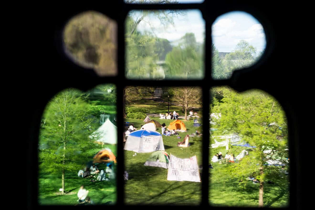 Demonstrators occupy a makeshift protest camp on Parish Beach at Swarthmore College on in Swarthmore, Pa., April 24, 2024. Photo by Matthew Hatcher/Getty Images.