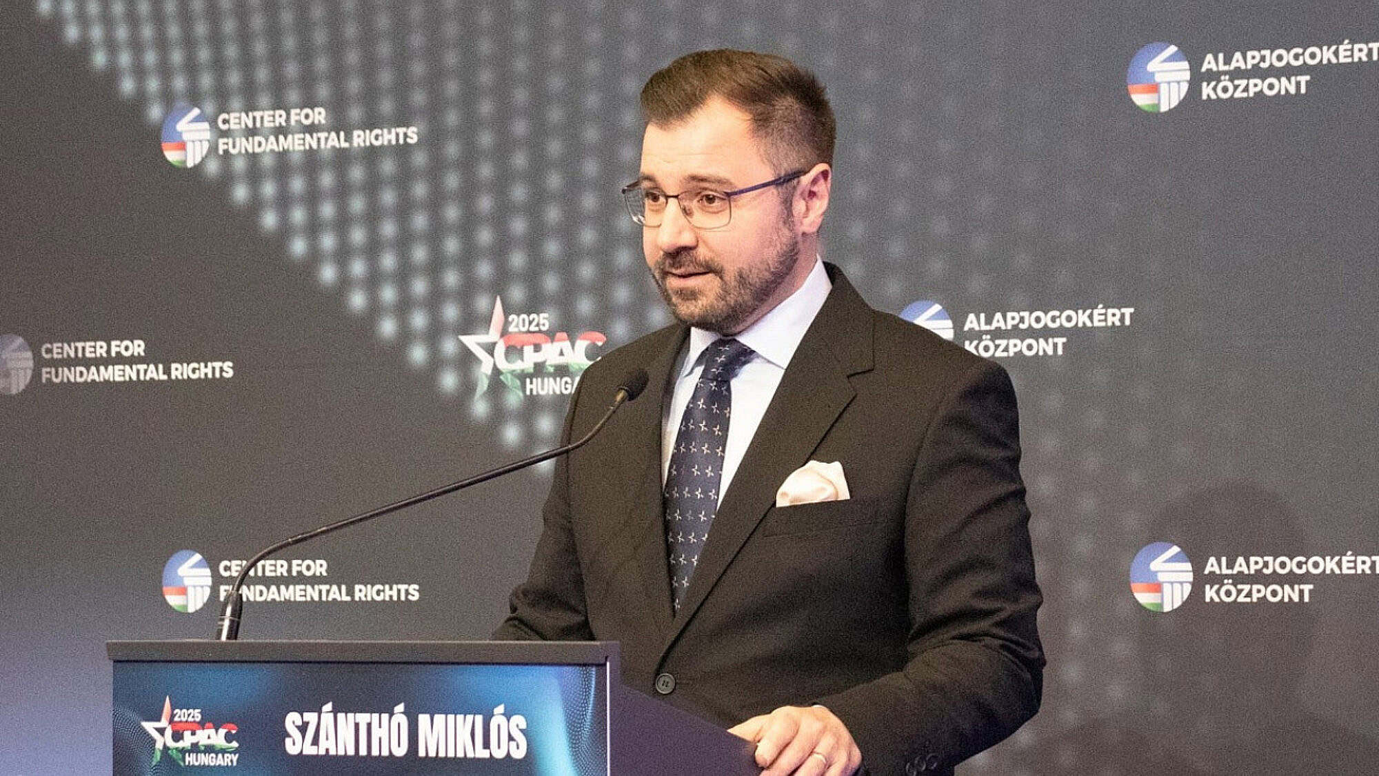 Miklós Szánthó, director general of the Center for Fundamental Rights, at a CPAC Hungary press conference in Budapest, May 28, 2025. Photo by David Isaac.