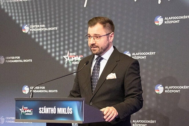 Miklós Szánthó, director general of the Center for Fundamental Rights, at a CPAC Hungary press conference in Budapest, May 28, 2025. Photo by David Isaac.