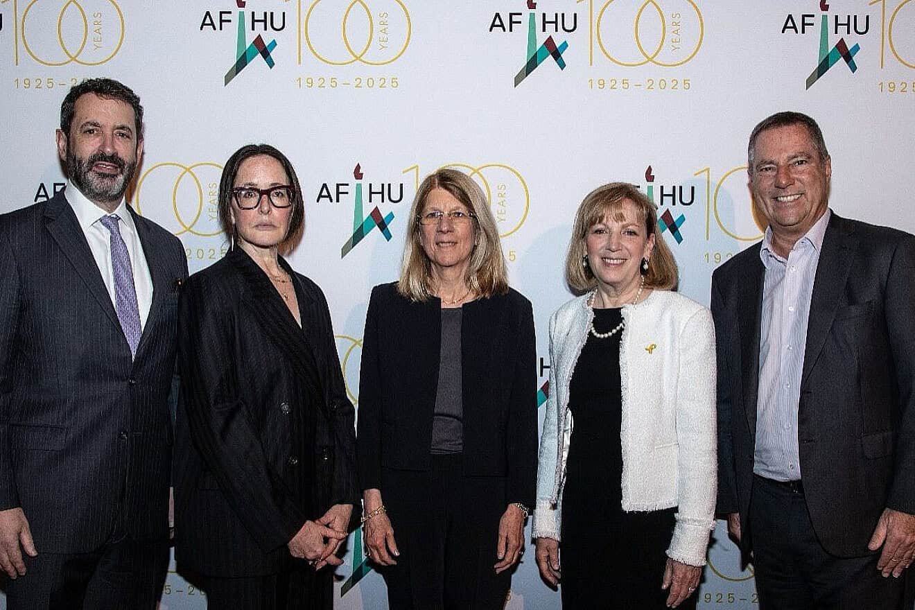 From left: David B. Pitofsky, event co-chair, 2017 Torch of Learning Award Laureate; Elizabeth Stotland Weiswasser, 2025 Torch of Learning Award Honoree; Eugenie C. Gavenchak, 2025 Torch of Learning Award Honoree; Pamela Nadler Emmerich, national president, National Board of Directors, AFHU; and Brad S. Karp, event co-chair, 2005 Torch of Learning Award Laureate, NE Region board, AFHU. Credit: Courtesy of American Friends of the Hebrew University.