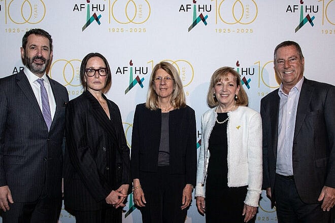 From left: David B. Pitofsky, event co-chair, 2017 Torch of Learning Award Laureate; Elizabeth Stotland Weiswasser, 2025 Torch of Learning Award Honoree; Eugenie C. Gavenchak, 2025 Torch of Learning Award Honoree; Pamela Nadler Emmerich, national president, National Board of Directors, AFHU; and Brad S. Karp, event co-chair, 2005 Torch of Learning Award Laureate, NE Region board, AFHU. Credit: Courtesy of American Friends of the Hebrew University.