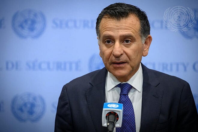 Mahmoud Daifallah Hmoud, the Jordanian ambassador to the United Nations, briefs reporters after a U.N. Security Council meeting on the situation in the Middle East, Oct. 25, 2023. Credit: Loey Felipe/U.N. Photo.