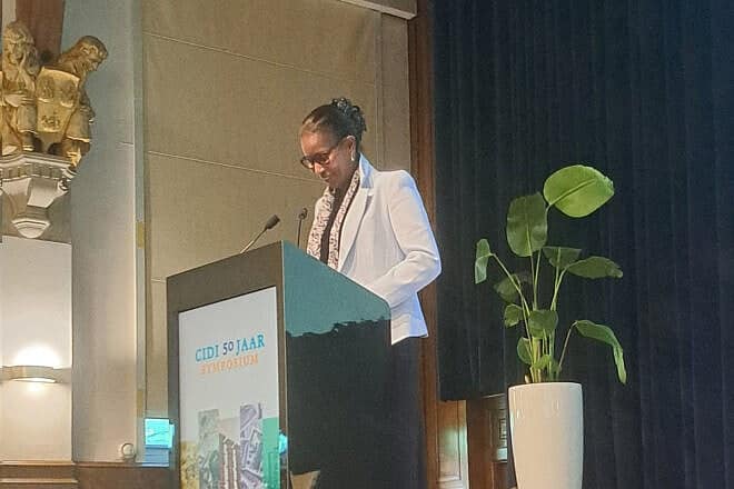 Ayaan Hirsi Ali speaks in Amsterdam on May 18, 2025. Photo Credit: Courtesy of CIDI.
