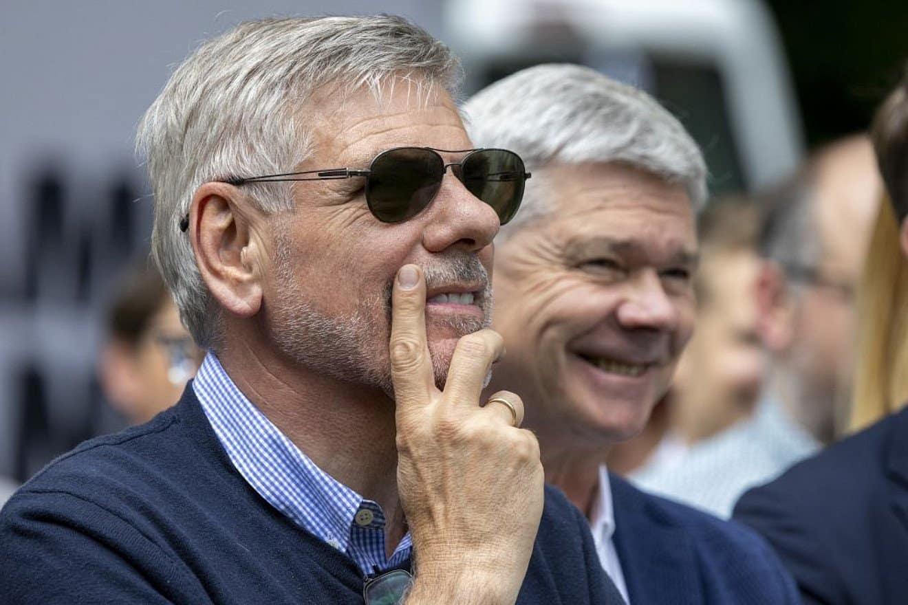 Lawmakers Filip Dewinter (left) and Dominiek Lootens-Stael during a Vlaams Belang party meeting at the Groeninge Monument in Kortrijk, Belgium, July 7, 2024. Photo by Nicolas Maeterlinck//Belga/AFP via Getty Images.