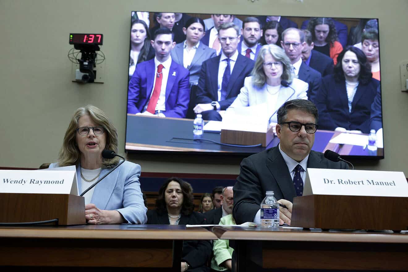 Wendy Raymond, the president of Haverford College outside Philadelphia, and Robert Manuel, the president of DePaul University in Chicago, testify on campus antisemitism at a hearing before the House Education and Workforce Committee at the Rayburn House Office Building in Washington, D.C., May 7, 2025. Photo by Alex Wong/Getty Images.
