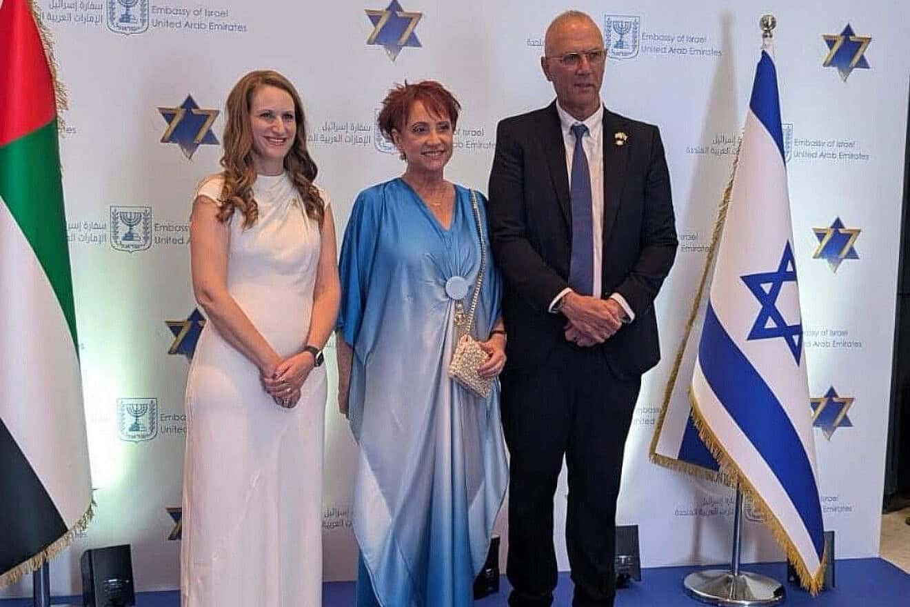 Consul General of Israel in Dubai Liron Zaslansky (left), Dina Shelley and Israeli Ambassador to the UAE Yossi Shelley, May 1, 2025. Credit: The Embassy of the State of Israel to the United Arab Emirates.