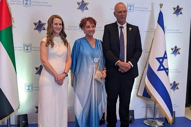 Consul General of Israel in Dubai Liron Zaslansky (left), Dina Shelley and Israeli Ambassador to the UAE Yossi Shelley, May 1, 2025. Credit: The Embassy of the State of Israel to the United Arab Emirates.