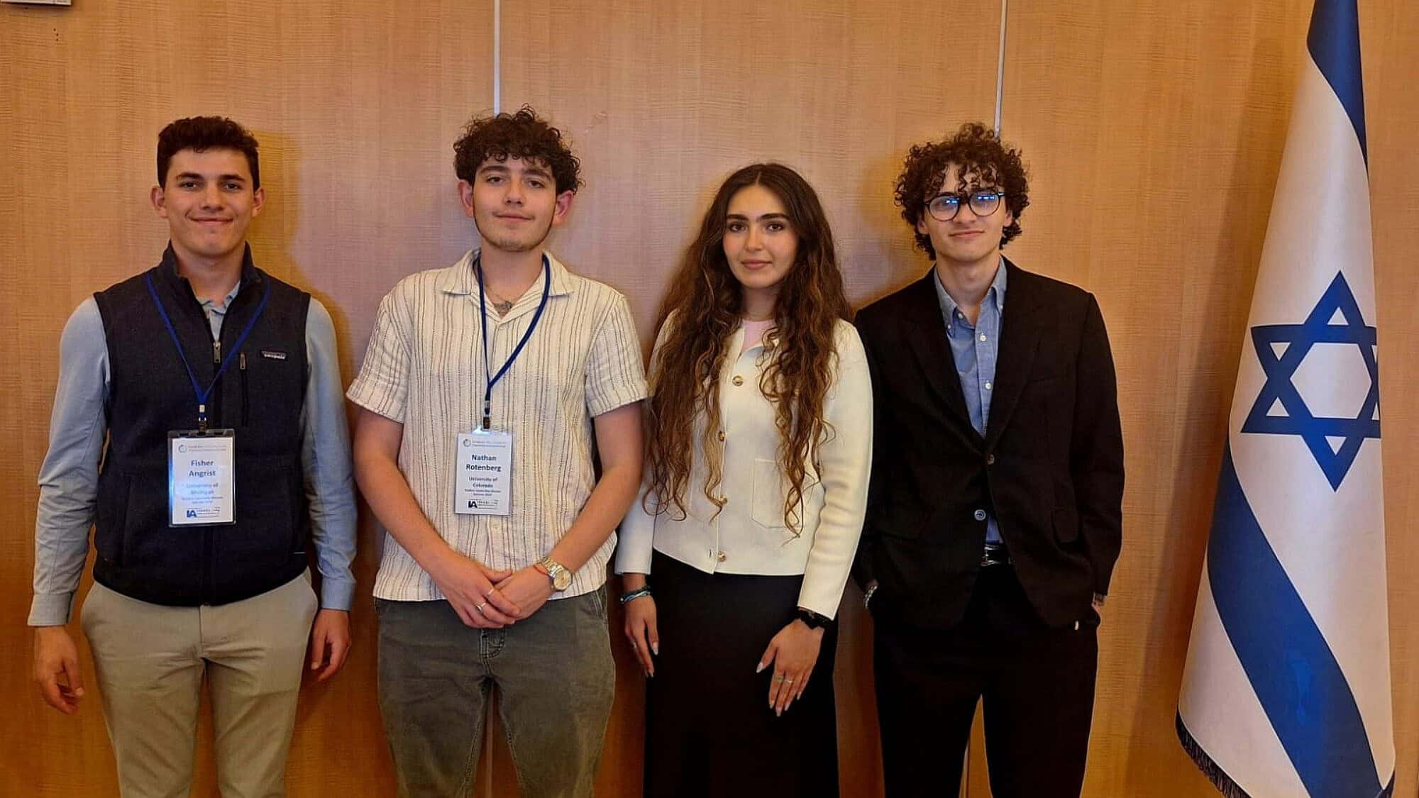 Four Hasbara Fellows (from left): Fisher Angrist, University of Michigan; Nathaniel Rotenberg, University of Colorado-Boulder; Sharon Knafelman, UC Berkeley; and Max Berger, Northeastern University, May 29, 2025. Credit: Courtesy of Hasbara Fellowships.