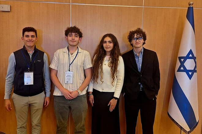Four Hasbara Fellows (from left): Fisher Angrist, University of Michigan; Nathaniel Rotenberg, University of Colorado-Boulder; Sharon Knafelman, UC Berkeley; and Max Berger, Northeastern University, May 29, 2025. Credit: Courtesy of Hasbara Fellowships.