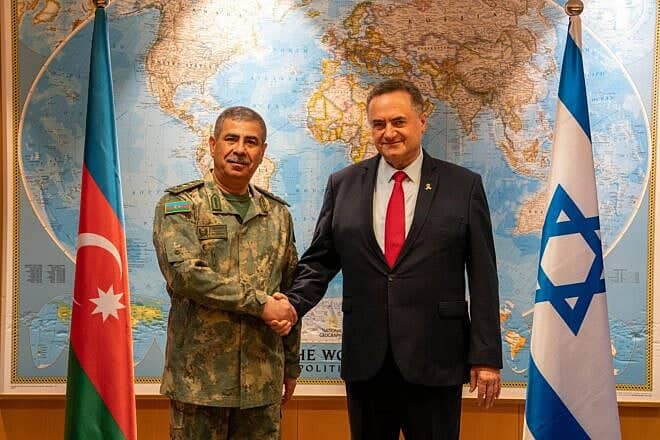Azerbaijani Defense Minister Colonel General Zakir Hasanov (left) and Israeli Defense Minister Israel Katz at the Kirya military headquarters in Tel Aviv on May 19, 2025. Credit: Israeli Defense Ministry.
