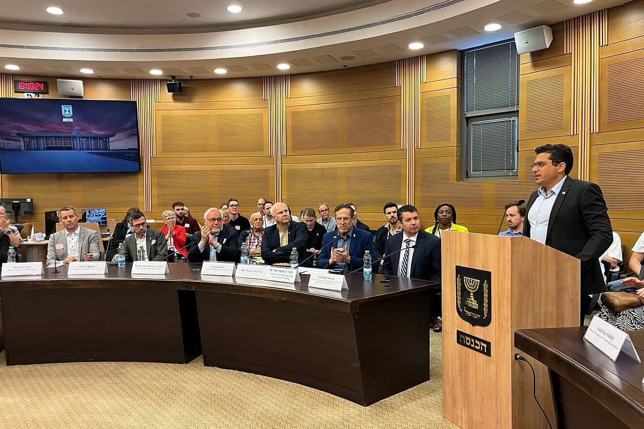 Israeli Diaspora Affairs Minister Amichai Chikli addresses Christian supporters of Israel from the Germany- based March of Life organization at a gathering at the Knesset, May 13, 2025. Credit: Knesset Christian Allies Caucus.