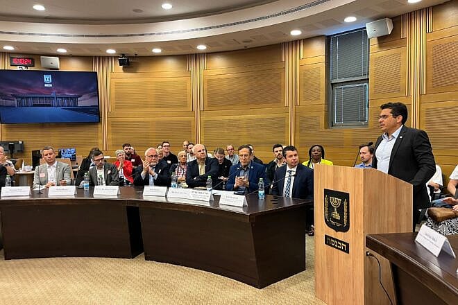 Israeli Diaspora Affairs Minister Amichai Chikli addresses Christian supporters of Israel from the Germany- based March of Life organization at a gathering at the Knesset, May 13, 2025. Credit: Knesset Christian Allies Caucus.