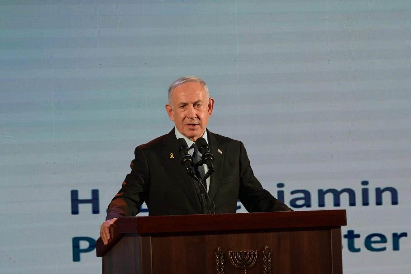 Prime Minister Benjamin Netanyahu addresses an antisemitism conference in Jerusalem on Tuesday.  Credit: Amos Ben Gershom/ GPO, May 27, 2025