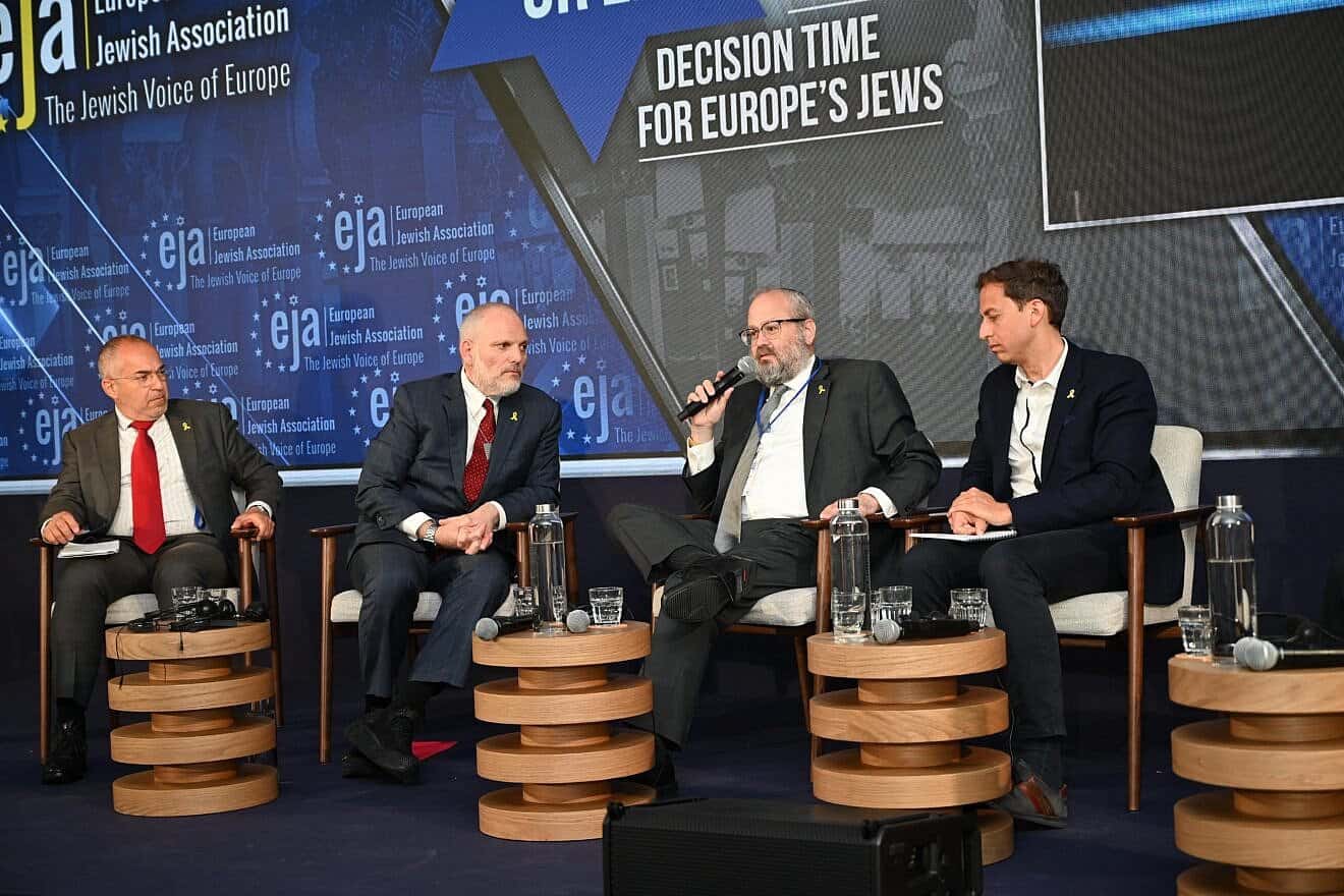 Raymond Forado, left, and other panelists discuss antisemitism in Madrid, Spain on May 13, 2025. Photo by Yoav Dudkevitch.