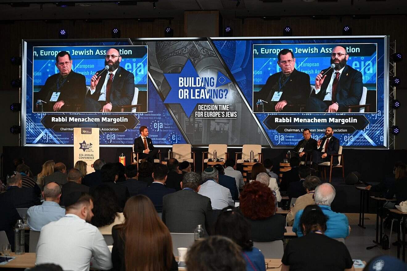 European Jewish Association Chairman Rabbi Menachem Margolin (right) Tal Rabina and Juan Soto speak at a panel discussion on antisemitism in Madrid on May 12, 2025. Photo by Yoav Dudkevitch.