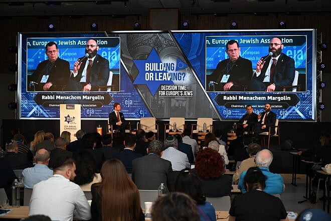 European Jewish Association Chairman Rabbi Menachem Margolin (right) Tal Rabina and Juan Soto speak at a panel discussion on antisemitism in Madrid on May 12, 2025. Photo by Yoav Dudkevitch.