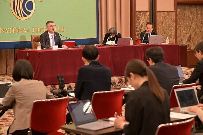 Gideon Sa'ar speak at a news conference in Tokyo on May 14, 2025. Photo credit: The Ministry of Foreign Affairs of the State of Israel.
