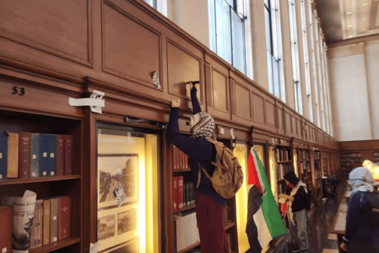 Anti-Israel protesters damage property inside Butler Library at Columbia University in New York City, on May 7, 2025. Credit: Courtesy of Columbia Jewish Alumni Association.