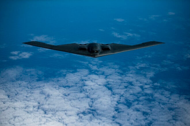 A B-2 Spirit bomber deployed from Whiteman Air Force Base in Missouri flies near Joint Base Pearl Harbor-Hickam, Hawaii, during an interoperability training mission Jan. 15, 2019. Credit: Master Sgt. Russ Scalf/U.S. Air Force Photo.