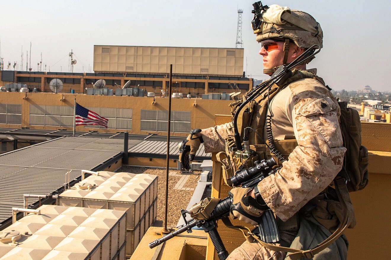 U.S. Marines with 2nd Battalion, 7th Marines assigned to the Special Purpose Marine Air-Ground Task Force-Crisis Response-Central Command (SPMAGTF-CR-CC) 19.2, reinforce the Baghdad embassy compound in Iraq, Jan. 3, 20202. Credit: Sgt. Kyle C. Talbot/U.S. Marine Corps.