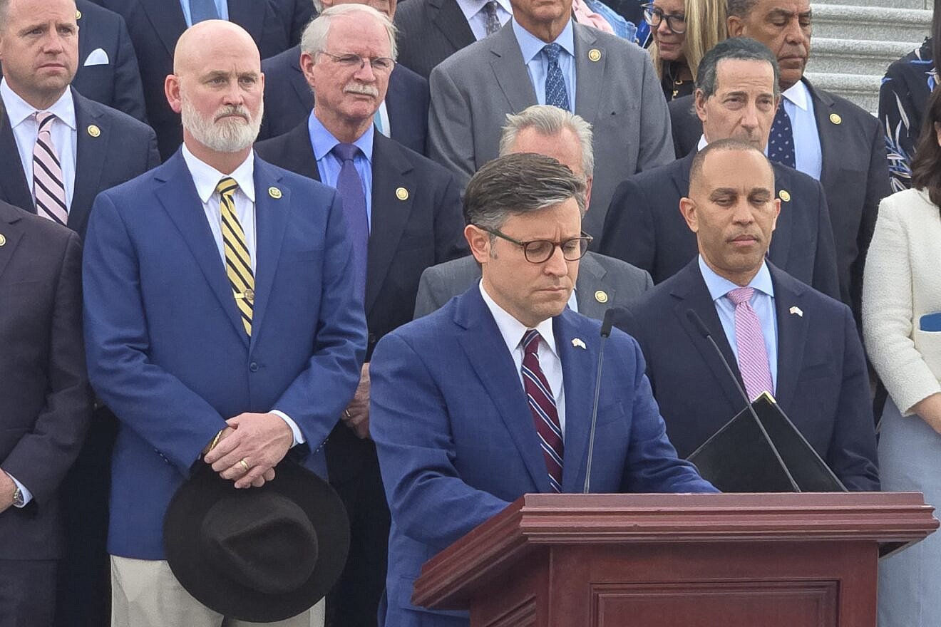 House Speaker Mike Johnson (R-La.) speaks at a vigil for Sarah Milgrim and Yaron Lischinsky on the steps of the U.S. Capitol, June 10, 2025. Photo by Jonathan D. Salant.