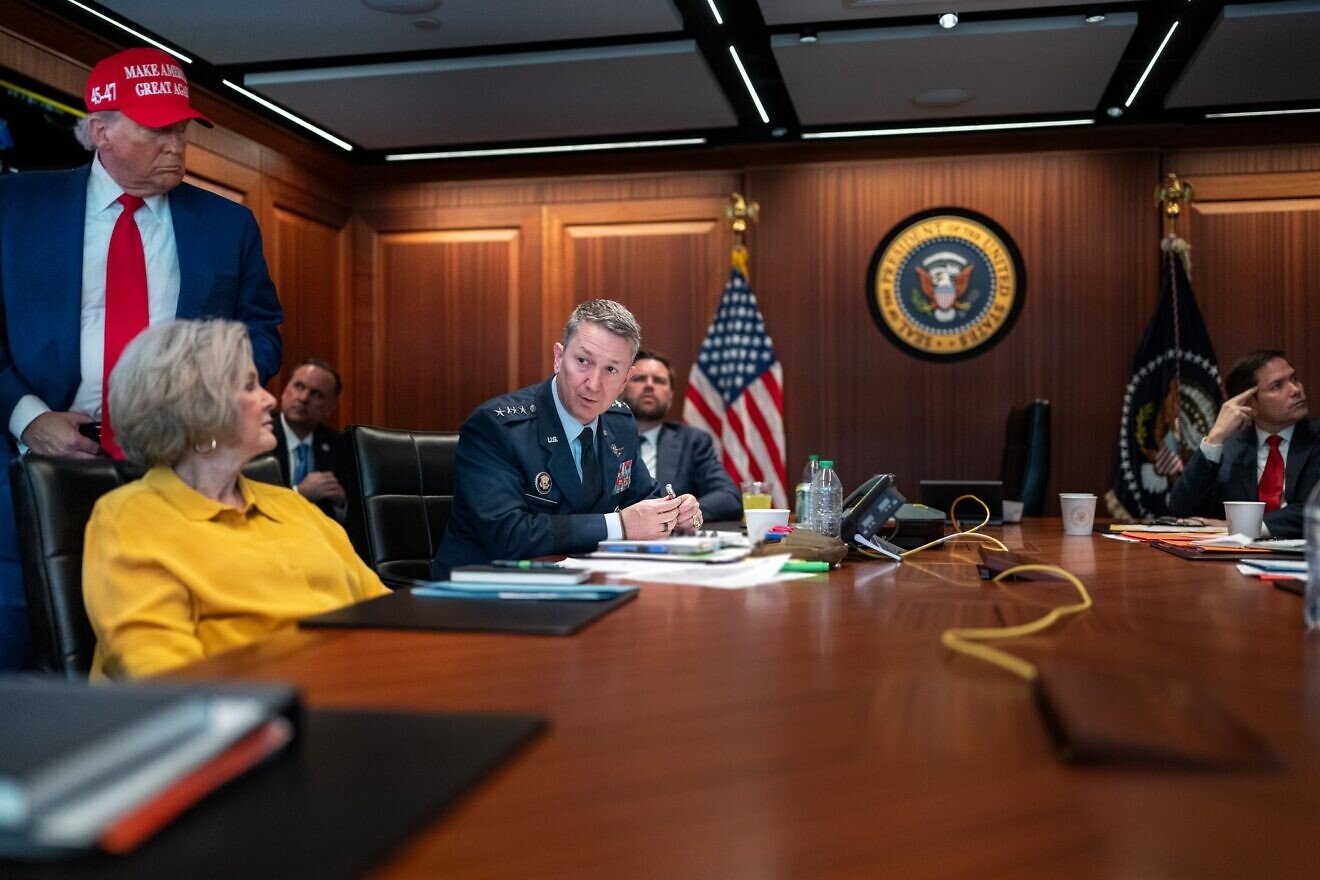 U.S. President Donald Trump, White House Chief of Staff Susie Wiles, and Chairman of the Joint Chiefs of Staff Dan Caine in the Situation Room of the White House, June 21, 2025. Portions of this photo have been blurred for security purposes. Credit: Daniel Torok/White House.