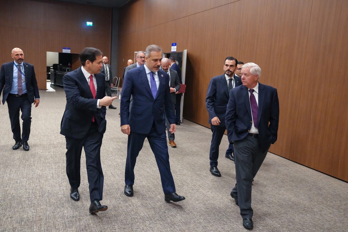 U.S. Secretary of State Marco Rubio holds an engagement with Syrian Foreign Minister Asaad Hassan al-Shibani, Turkish Foreign Minister Hakan Fidan and Sen. Lindsey Graham (R-S.C.) in Antalya, Turkey, May 15, 2025. Credit: Freddie Everett/U.S. State Department.