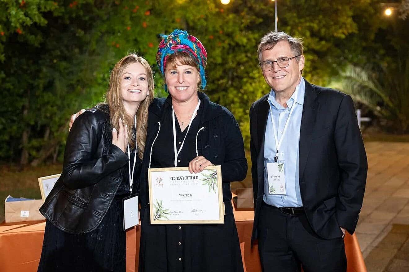 Israeli teacher Tamar Eyal, one of the six recipients of the Tzemach David Foundation award for excellence in Jewish education, with foundation founder and president David Magerman and executive director Tamar Krieger Kaleb., April 28, 2025. Credit: Courtesy of Tzemach David Foundation.
